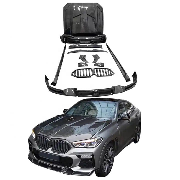 Carbon Fiber Car Body Kit for BMW X6 G06 to LD Style Front Lip with Lights Rear Lip Tail Wing Side Skirt Hood Spoiler Grille